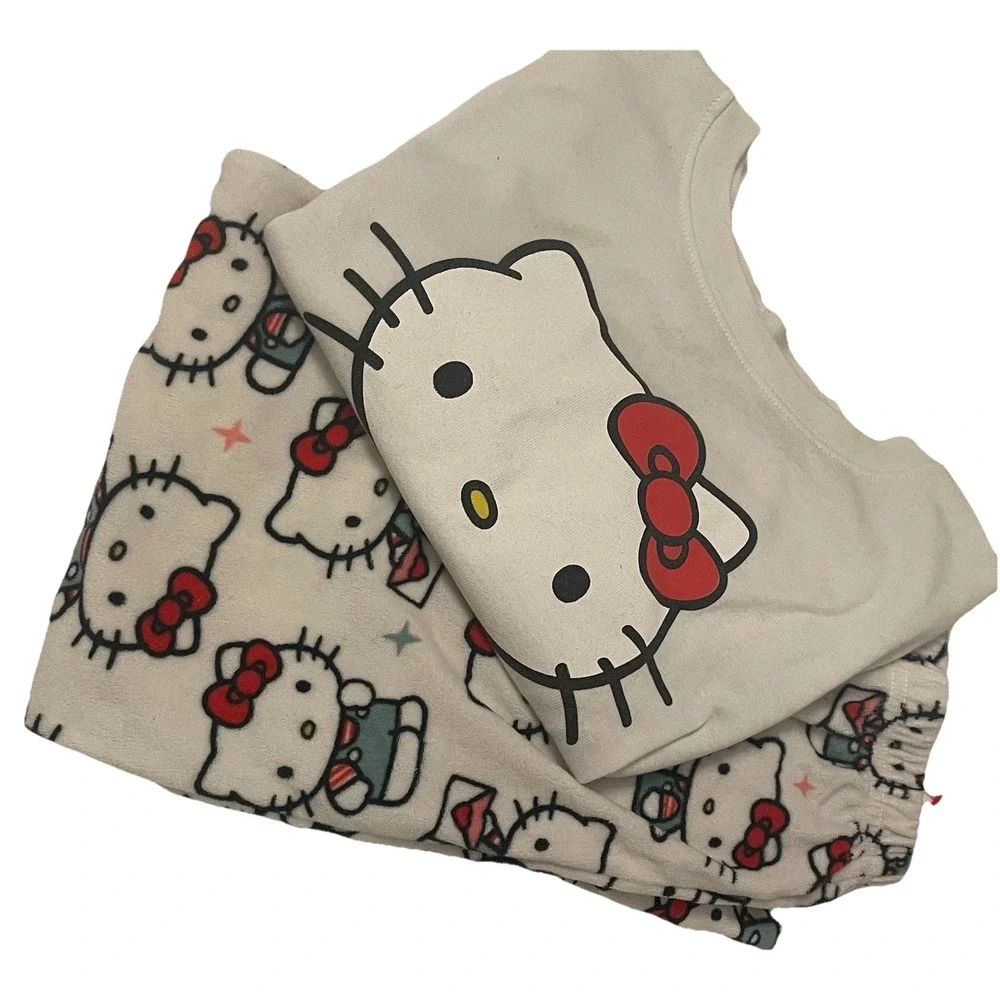 Hello Kitty Girls Pajama Set Size 6 Fleece Pants‎ White Top Sanrio Sleepwear